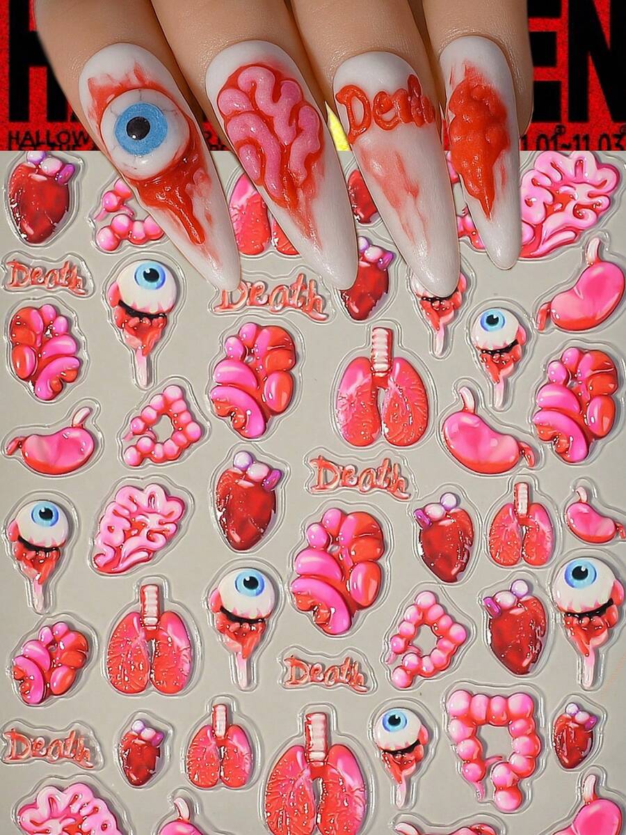 1 片 3D 立体哥特风万圣节美甲贴纸，饰有恐怖的眼睛和器官图案，一次性自粘，是个性化 DIY 美甲和万圣节礼物的理想之选。