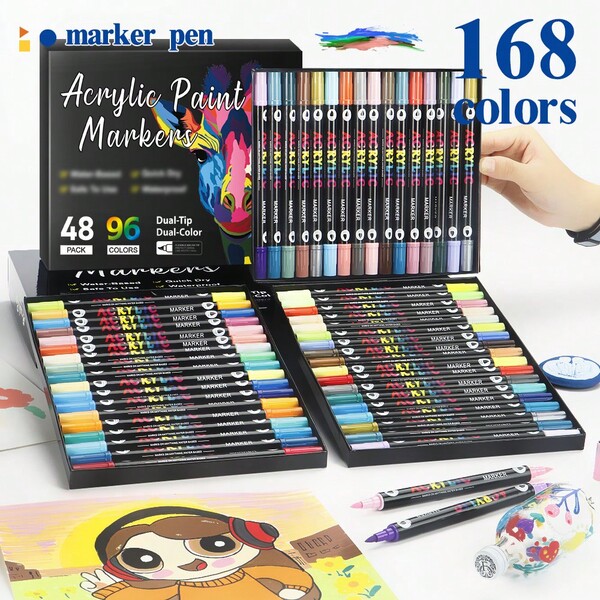 1pc Dual-Tip Dual-Color Marker Pen, Acrylic Painting Brush Pen For Glass Painting, Layering Colors, Art Students, Smudge-Proof, Washable, Watercolor Pen