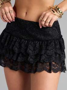 Women Summer Mini Skirts Casual Elegant  Low Rise Layered Ruffle Lace Skirt For Beach Vacation Club - màu đen - Xem 2