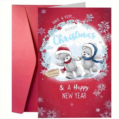 1张精美圣诞贺卡。新年贺卡。附信封。圣诞主题熊图案。适合任何场合，是送给任何人的完美圣诞礼物（12厘米/4.7英寸 x 17厘米/6.7英寸）