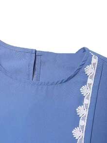 Áo Abaya tay dài cổ tròn viền ren hoa trang nhã dành cho nữ, thích hợp cho dịp Eid và mùa xuân. - Màu xanh lam - Xem 2
