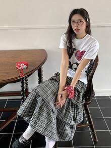 Back To School Cute Heart & Letter Print Casual Round Neck Short Sleeve T-Shirt For Women, Spring/Summer White - White - View 5