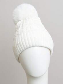 Velvet Cable Knit Pom Beanie – Soft & Stylish Winter Look - 白色 - 查看 2