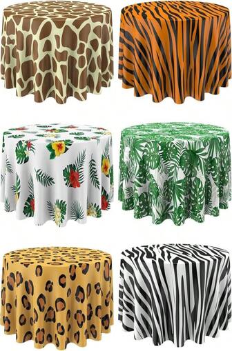 Oudain 6 Pcs Round Jungle  Tablecloth Animal Print Table Cover Tropical Leaf Tiger Zebra Giraffe Print Table Cloth Wild Decoration For Zoo Party Birthday Baby Shower