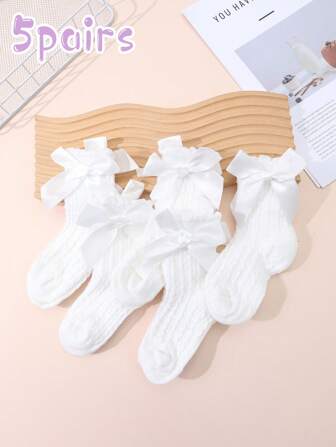 5 Pairs Girls' Bow Decor Twist Pattern Simple Socks, Suitable For Primary And Secondary School Students Back To School Uniform Matching