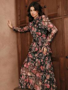 Savoree Elegant Floral Print Mid-Length Dress For Women, Summer Maxi Women Outfit