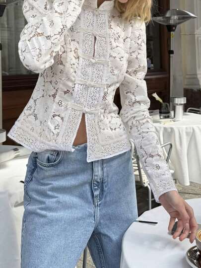 Women Lace Shirt, Long Sleeve Shirt Button-Down Slim Fit Elegant Fall Sheer Tops Clubwear
