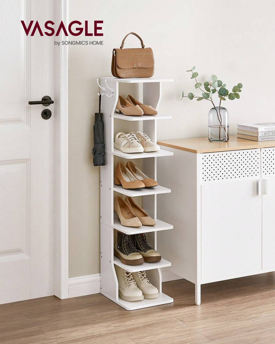 VASAGLE Slim Shoe Rack, Narrow Shoe Storage Organiser, 6-Tier Shoe Stand, For Small Spaces, Hallway, Cloakroom, White