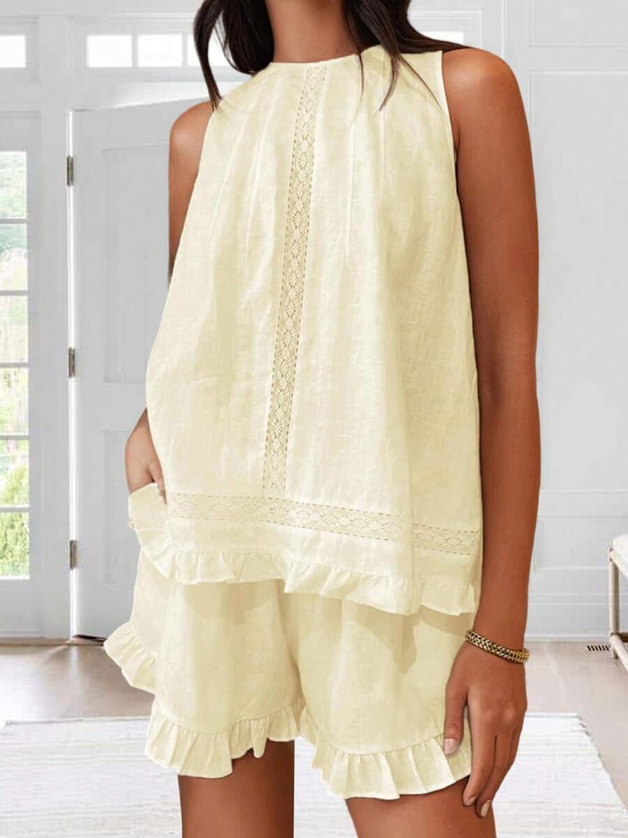 Women's Summer Shorts Outfit Loose Fit Stylish Solid Ruffled Trim Sleeveless Tops And Shorts 2 Pcs Set - Màu vàng - Xem 1