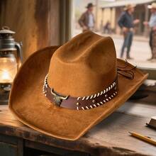 Retro Western Wide Brimmed Hat With Bullhead Decorative Band Suede Cowgirl Cap For Men Woman - Brown - View 4