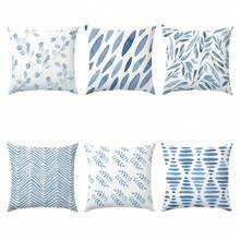 6 件蓝色简约叶子几何图案靠垫套，单面印花桃色天鹅绒材质，45*45/50*50/40*40 厘米枕套适用于现代布艺沙发室内装饰、派对装饰、礼物 - 6pc-藍色 - 查看 3