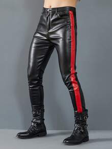 Idopy Men`S Motorcycle Slim Fit Five Pockets Stretchy Faux Leather PU Pants Concerts Party Night Club Rider Trousers With Strips - màu đen - Xem 2