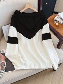 1 pieza Sudadera con capucha de punto de manga larga con cordón y bloque de color, suéter informal de calle para mujer, sudadera con bolsillo versátil y de moda - Negro - Ver 2