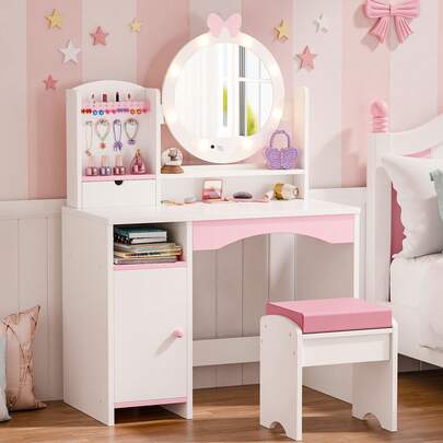 Alsotop Kids Vanity Table And Chair Set – Princess Girls Vanity Set With Mirror, Lights, Jewelry Storage, And Cushioned Stool, Toddler Makeup Vanity For Little Girls,Dresser,Bedroom Decor,Halloween Decor,Led Lights For Room,Vanity,Desk,Mirror