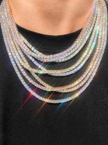 1pc Iced Out Triple Row Rhinestone Necklace & Bracelet Set, Fashionable Unisex Hip Hop Chain Jewelry, Chic Sweater Chain, Stylish Christmas Gift - Chain - View 12