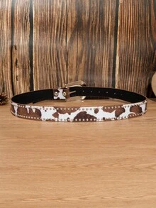 1 pieza Cinturón de estilo occidental para hombres con estampado de vaca marrón desgastado y remaches, accesorio versátil para verano, otoño, Halloween, otoño-invierno, adecuado para adolescentes, jóvenes, hombres, uso casual, al aire libre, deportivo, vacaciones, regalos de graduación, cumpleaños, uso diario - Remaches con estampado de vaca marrón - Ver 4