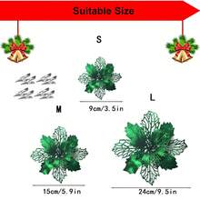 1/10pcs Glitter Poinsettia Decoration Flowers With Clips, Rose Gold Glitter Mesh Leaves Artificial Poinsettia Flowers For Christmas Tree, Christmas And New Year Holiday Decorations, Shiny Artificial Christmas Flowers For Rose Gold Christmas Tree, Wedding Table Decor (Dark Green)