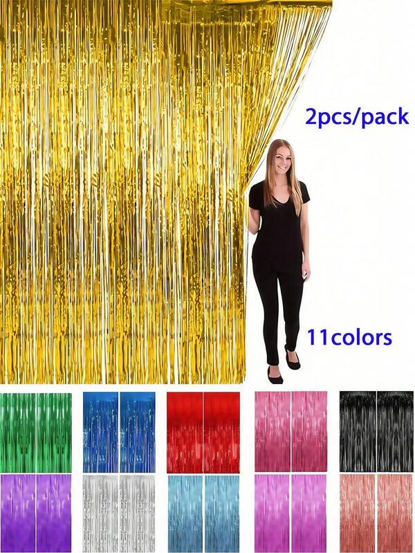 2pcs Party Background Tassel Curtain, Metallic Foil Fringe Curtain, Background Wall Tassel, Black, White, Gold, Silver, Red, Pink, Green, Rose Gold, Purple, Blue Tassel Curtain,Suitable For Background Decoration For Weddings, Birthdays, Graduation Ceremonies And Bachelor Parties.