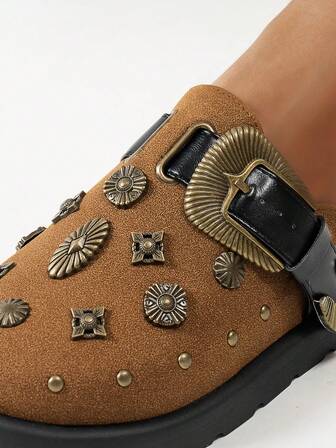 女士铆钉个性化黑色坡跟厚底乐福鞋（建议选择大一码），穆勒鞋