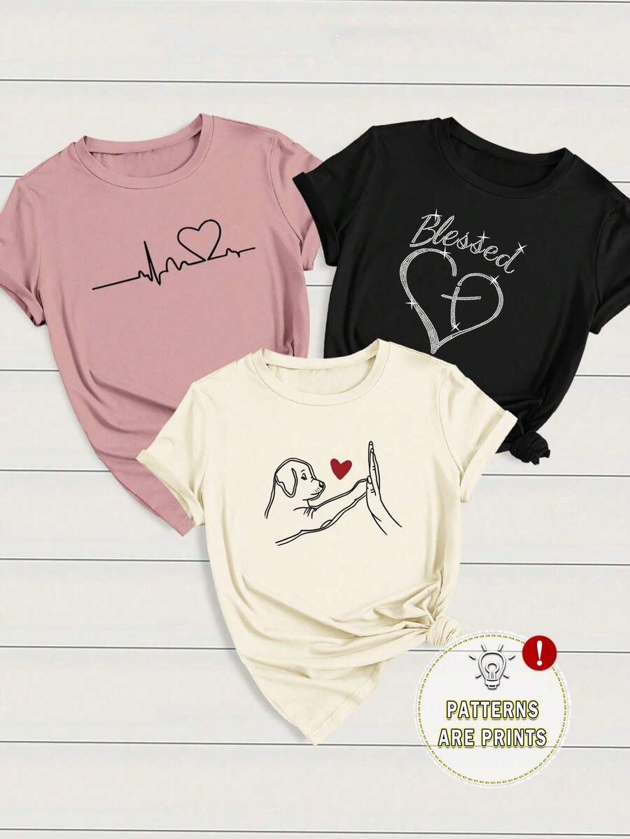 Set 3 Camisetas Manga Corta Cuello Redondo Estampado Corazón Latido Blessd Perrito Mujer - Multicolor - Ver 1
