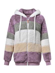 Fluffy New Jacket, Autumn/Winter, Women's Loose Furry Multi-Color Patchwork Hooded Coat - Mauve Purple - View 4