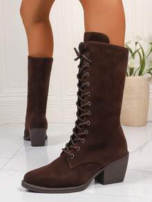 Giày bốt vải da lộn buộc dây phong cách phương Tây dành cho nữ, giày bốt tăng chiều cao cosplay Violet Evergarden có quai - Cà phê nâu - Xem 2
