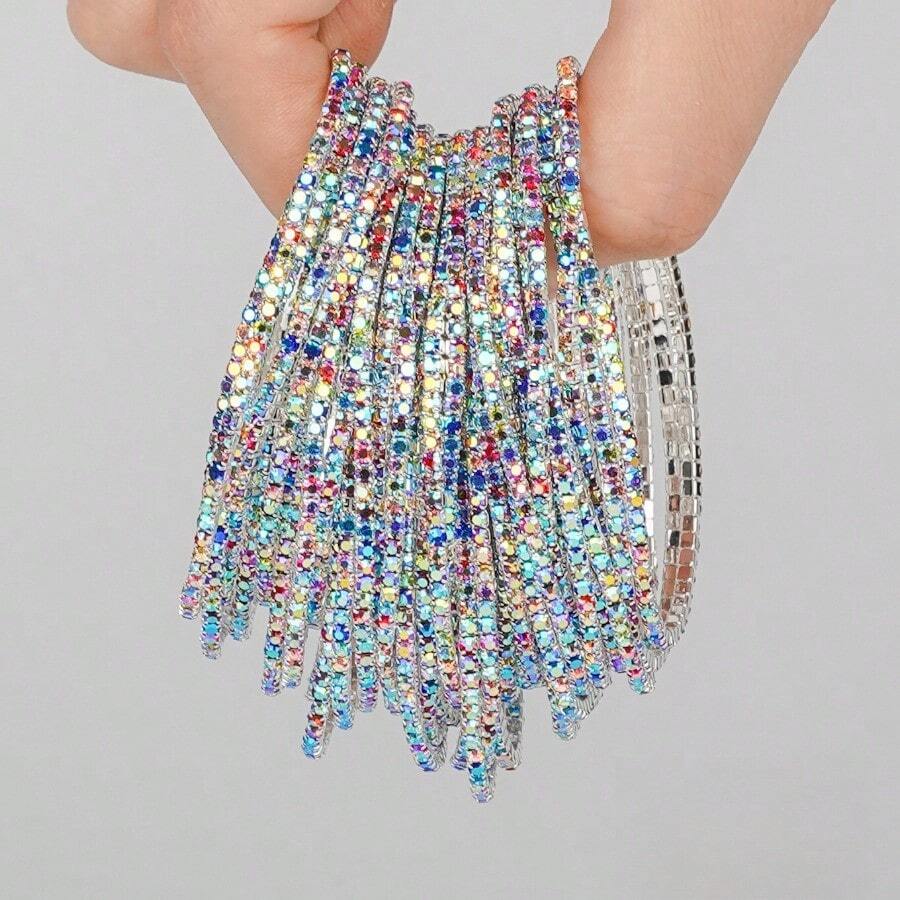 Women's Stackable Crystal Bracelet Set - Adjustable Stretch Multi-Color Sparkling Rhinestone Wrap Bangle, Elegant Fashion Jewelry Gift - Color - View 1