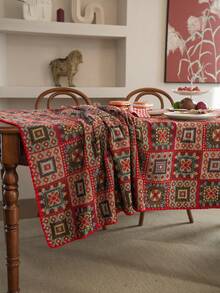 1pc Bohemian Style Decorative Tablecloth, Red Geometric Square Jacquard Tablecloth With Shell Embroidery Lace Trim, Rectangular Table Cloth Suitable For Christmas, Party, Wedding, Home Decor, Vintage Style (Slight Color Difference) - Multicolor - View 11