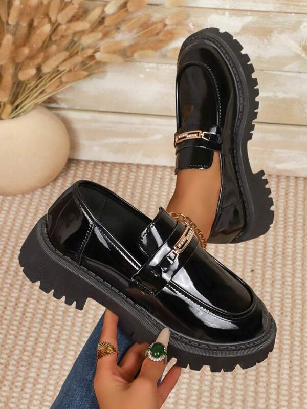 Women's Rhinestone Decor Thick Sole Casual Pointed Toe Slip-On Loafers, Black, Elegant Flats For Daily Wear, Spring & Autumn