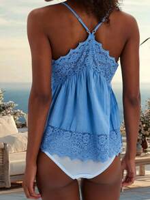 Babydoll Tops For Women Y2k Lace Boho Tops Sleeveless Spaghetti Strap Tank Tops Solid Color See Through Cami Tops V Neck Backless Loose Fit Shirts Going Out Smocked Tops Beach Vacation Peplum Tops Streetwear Vintage Clothes - Màu xanh lam - Xem 2