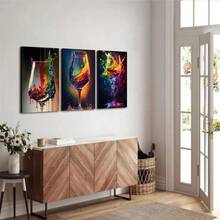 Juego de 3 piezas, Impresiones de arte en lienzo 2D, Decoración de estilo abstracto de copa de vino, Carteles de pintura de acuarela colorida, Adecuado para uso en interiores y exteriores, Decoración para el hogar, oficina, sala de estar, dormitorio, baño, comedor, Decoración con tema de dibujos animados - Multicolor - Ver 11