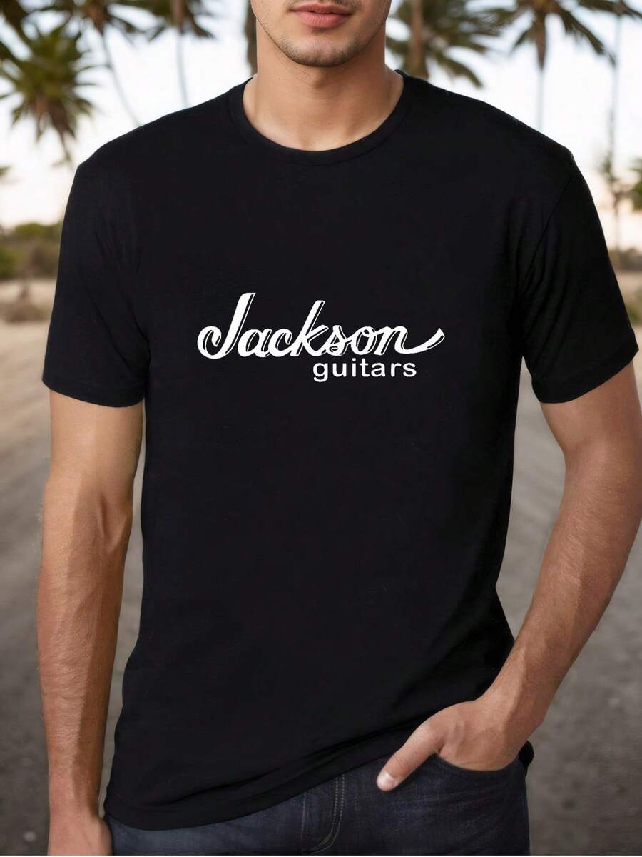 Men's Jackson Guitars Graphic Cotton T-Shirt, Casual Crew Neck, Regular Fit, Knit Fabric, Short-Sleeve Tee With Slight Stretch, Black With White Print, Lightweight & Breathable For Casual Attire, Allseason Clothing | Relaxed Fit Top | Cotton Knit Fabric - 黑色 - 查看 1