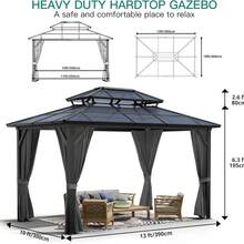 10x13 FT Permanent Aluminum Gazebo 10x12 FT Hardtop Gazebo With Double-Layer PC Roof, Sturdy Metal Pavilion Canopy, All-Weather Outdoor Sunshade Structure With Retractable Curtains For Patio, Backyard, Garden, Deck - Xám - Xem 7