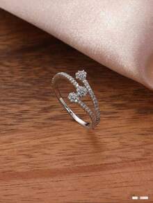 1pc 3-Flower Design Cubic Zirconia Encrusted Ring, Fashionable & Versatile, Suitable For Wedding, Engagement, Daily Wear, Gift Choice, Saudi National Day Promotion, Saudi Arabia Commemorative Jewelry, Halloween, Christmas - Silver - View 3