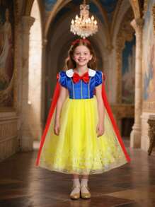 小女孩黄色连衣裙，配长披肩、蓬蓬裙和金色花朵装饰，附赠皇冠、魔杖和手套等配饰，适合参加派对、郊游和其他活动。 - 黃色 - 查看 4