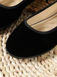 Mädchen Wildleder-Optik Schleife Retro Elegant Keilabsatz Lässig Rundkappige Flache Schuhe, einfarbige Slip-On Flache Sandalen, schwarze Studentenschuhe, Kinder- und Teenagerschuhe