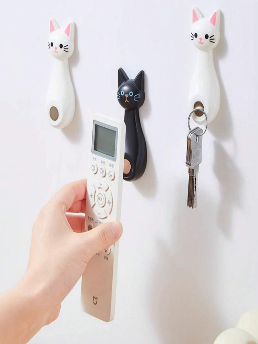 Three Creative Magnetic Hooks For Remote Controls, Featuring Strong Adhesive For Wall Mounting, Designed With A Cute Cat Cartoon, Perfect For Organizing TV And Air Conditioner Remotes Without Leaving Marks, And Suitable For Projectors - Multicolor - View 1