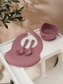 4PCS Personalized Customization Name Baby Silicone Tableware Suction Bowl Adjustment Bib Portable Spoon Fork Custom Color Contrast Dinner Set Back To School Winter Gift Ideas Boy Girl Valentine's Day, Letter, Ornamental, Exquisite, Stylish, Modern, Casual, Custom, Personalized, Unique, Customized, Ideal Gifts For Him, Ideal Gifts For Her, Son, Daughter - Multicolor - View 7