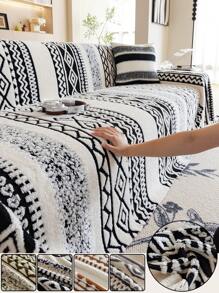 1pc Bohemian Style, Winter Warm Material Sofa Cover, Soft & Skin-Friendly, Pet Friendly, Anti-Slip, Anti-Dirt, Anti-Scratch, Machine Washable, Suitable For All Seasons, Can Be Used For Outdoor Sofa Chairs, Fits 1-Seat, 2-Seat, 3-Seat, 4-Seat Sofas - Black - View 1