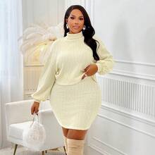 BIUBIU Plus Size Women's High Neck Off-Shoulder T-Shirt And Knit Skirt Set, Suitable For Daily Wear And Office - Light Apricot - View 5