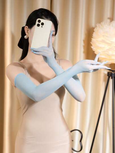 1 Cặp Găng tay dài không ngón thanh lịch, thoáng khí, thoải mái, thanh lịch dành cho nữ, màu xanh lam, thích hợp để chống nắng mùa hè, du lịch, tiệc Halloween, hóa trang