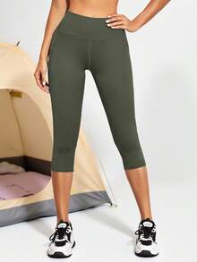 Wide Waistband Phone Pocket Side Sports Leggings - Army Green - View 3