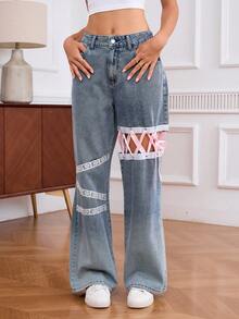 Damskie jeansy casualowe z szerokimi nogawkami i przetarciami oraz koronką, długie, nieelastyczne spodnie jeansowe