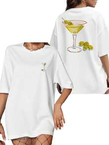 Martini Olive Cocktail Graphic , Women's Double Sided Printed Fashion Casual Round Neck 220gsm Cotton T-Shirt (1 PC) - 白色 - 查看 3