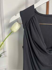 Blusa Elegante Feminina  Simples Drapeado Enrugado Nó Regata Gola Boba Casual Chic Moda Blusa Romantica - Preto - Visão 10