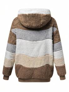 Fuzzy New Jacket, Loose Fur Colorblock Hooded Jacket For Women, Autumn/Winter - Khaki - View 8