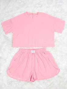 2-Pack Solid Color Mini Plaid Short-Sleeved Side Slit Wide-Leg Shorts Casual Thin Women's Pajamas Set Can Be Used At Home - 粉色 - 查看 8