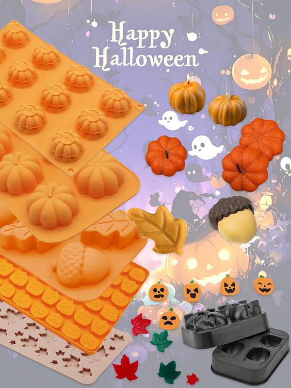 1 pieza Molde de silicona con diseño de calabaza y hojas de Halloween, apto para gelatina, pudín, chocolate, caramelos, postres, decoración de pasteles pequeños, herramienta de hornear, molde para hacer jabón artesanal con forma de calavera 3D, resina y velas, decoración DIY para fiesta de Halloween