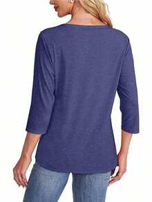 3 件纯色圆领 3/4 袖圆领休闲宽松上衣，女款，春秋季 - 深粉紅+海藍+黑色 - 查看 3