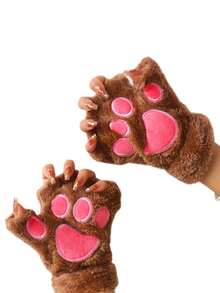 1 Piece, Autumn, Winter, Christmas, Halloween, Cute Plush Lady, Men's, Half-Finger Gloves, Hanging Neck Warm Gloves, Male And Female Student Cat Claw Gloves, Cute Cat Claw Gloves, Women's Autumn And Winter Warm And Cold-Proof Plush Half-Finger Gloves, Thickened Plush Student Writing Leaky Finger Gloves